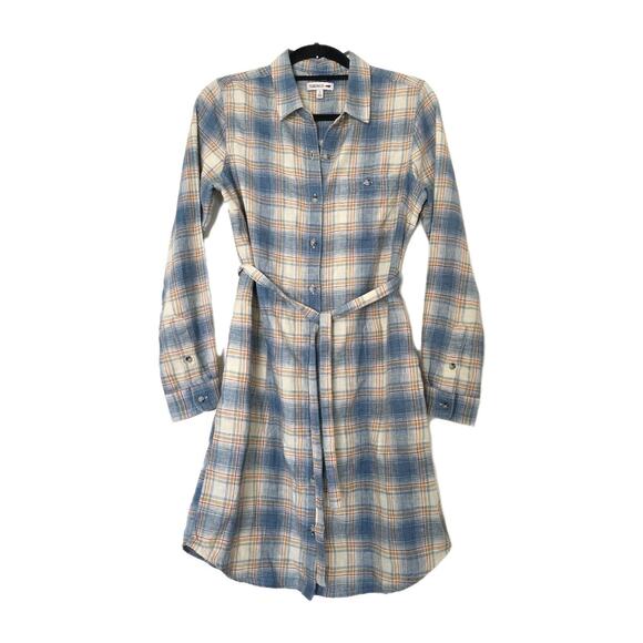 Toad & Co Flannel Shirt Dress Size S Long Sleeve Pockets Blue Orange Plaid Boho - Picture 1 of 8